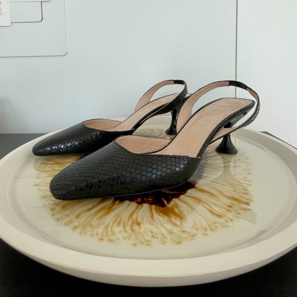 STAUD Slingback Pumps / Kitten Heels, Black Snakeskin